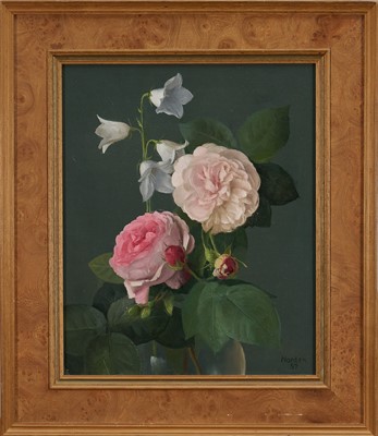 Lot 1005 - *Gerald Norden (1912-2000) oil on board - Roses and Campanula, signed and dated '87, 28cm x 23cm, framed. Provenance: Newburgh Street Gallery, London