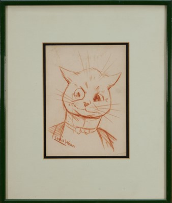 Lot 1006 - Louis Wain (1860-1939) red crayon drawing - "Damn Fine Looking Cat, Don't You Know", signed, 20.5cm x 15cm, in glazed frame. Provenance: Chris Beetles Limited, Randolph Avenue, London