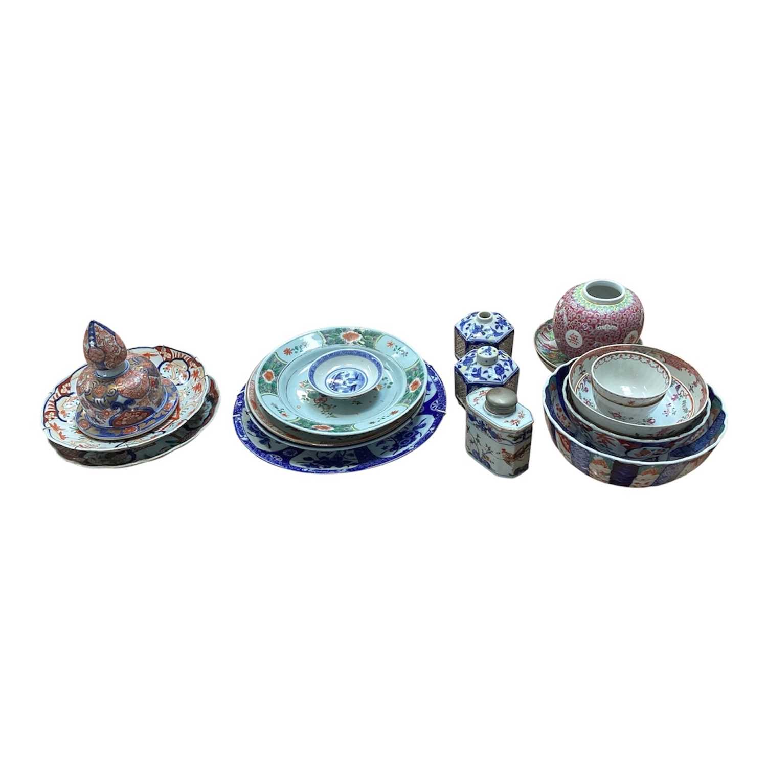 Lot 5070 - Collection of antique oriental porcelain to include Chinese Imari plates, Famille Vert tea caddy etc