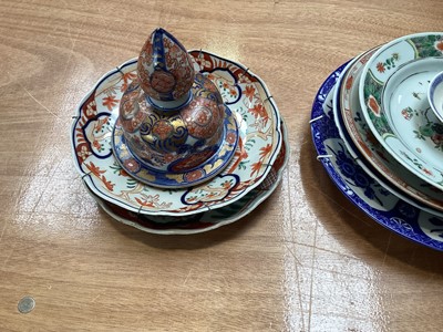 Lot 5070 - Collection of antique oriental porcelain to include Chinese Imari plates, Famille Vert tea caddy etc
