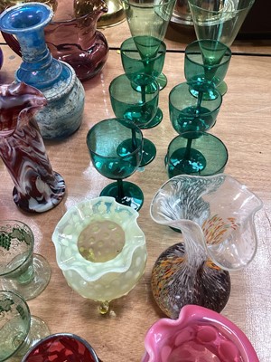 Lot 5071 - Collection of glassware to include a set of six Georgian green wine glasses, silver and glass small vase, antique coloured glass etc