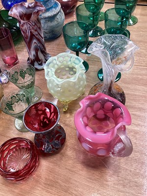 Lot 5071 - Collection of glassware to include a set of six Georgian green wine glasses, silver and glass small vase, antique coloured glass etc