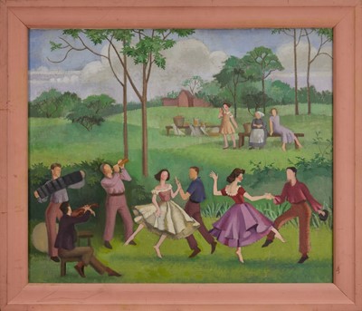 Lot 1082 - Phoebe Peto Willetts (1917-1978) oil on canvas - figures country dancing, 51.5cm x 61.5cm, painted frame. N. B. Painted circa 1941, whilst working in The Women's Land Army.