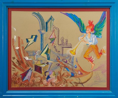 Lot 1083 - Phoebe Peto Willetts (1917-1978) oil pastel on paper - The Walls of Jericho, 51cm x 63.5cm, glazed frame. Note: Down with the Church's Victorian attitudes to war and women.