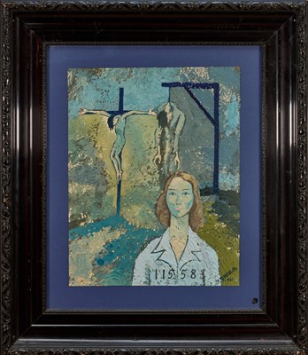 Lot 1084 - Phoebe Peto Willetts (1917-1978) poster paint on anaglyptic paper - Capital Punishment, signed and dated 1961, 46.5cm x 37cm, glazed frame. Note: As Phoebe entered the gates of Holloway...
