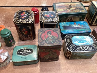 Lot 5192 - Group of antique tins to include Queen Mary ship, Wedgwood style tin, and others