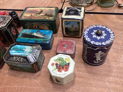 Lot 5192 - Group of antique tins to include Queen Mary ship, Wedgwood style tin, and others