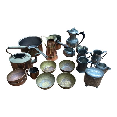 Lot 5193 - Art nouveau pewter coffee set, cooper teapot and pans etc