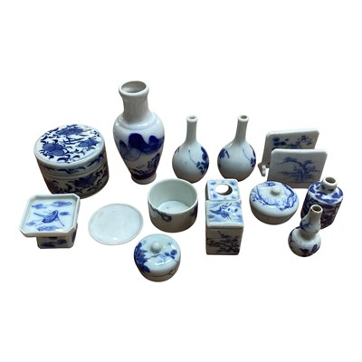 Lot 5075 - Collection of antique Oriental blue and white porcelain miniature items to include vases, pots, pair of miniature screens