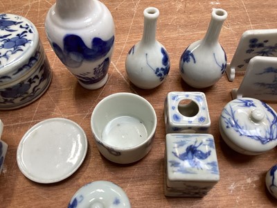 Lot 5075 - Collection of antique Oriental blue and white porcelain miniature items to include vases, pots, pair of miniature screens