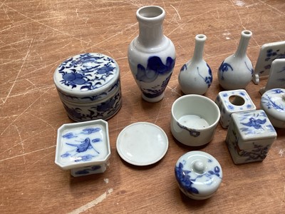 Lot 5075 - Collection of antique Oriental blue and white porcelain miniature items to include vases, pots, pair of miniature screens