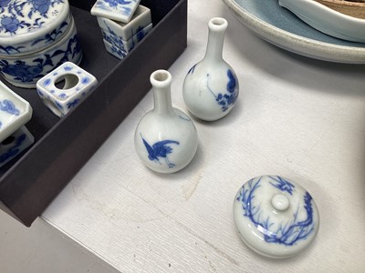 Lot 5075 - Collection of antique Oriental blue and white porcelain miniature items to include vases, pots, pair of miniature screens