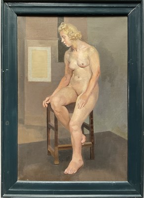 Lot 1089 - Phoebe Peto Willetts (1917-1978) oil on canvas, female nude seated on a stool, studio stamp verso, 75cm x 49cm, framed