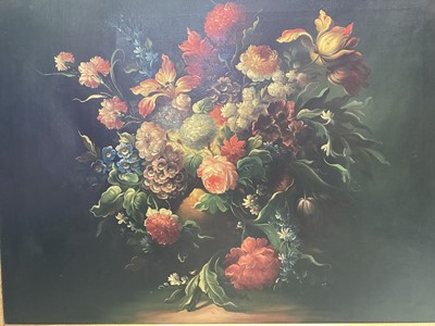 Lot 5246 - Large 17th century style oil on canvas still life of flowers, together with prints and a mirror