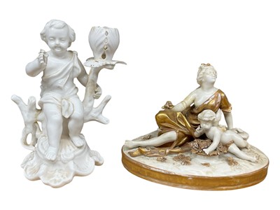 Lot 541 - Derby (King Street Works) chamber candlestick, in the white, and a Continental porcelain group