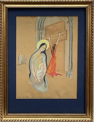 Lot 1095 - Phoebe Peto Willetts (1917-1978) pastel - Open the Door for Christ's sake, inscribed, 29.5cm x 22cm, glazed gilt frame. Note: Women are accepted by the Church of England as mothers but de...