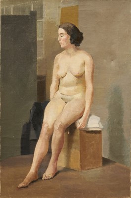 Lot 1100 - Phoebe Peto Willetts (1917-1978), oil on canvas, female nude seated on a block, 61cm x 40cm, unframed