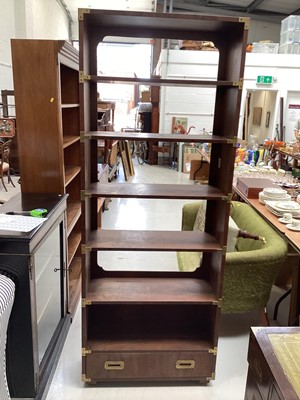 Lot 5305 - Narrow open bookcase with single drawer below and military style flush brass handles, 75.5cm wide, 29cm deep, 198cm high