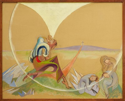 Lot 1104 - Phoebe Peto Willetts (1917-1978) pastel - Figures in a landscape with crucifix in the distance, signed and dated 1960, 50cm x 62cm, glazed frame
