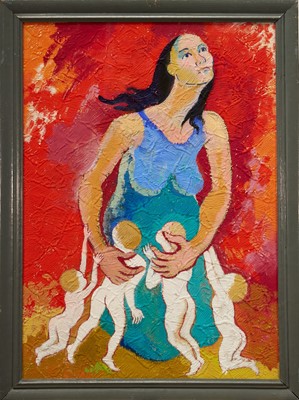 Lot 1105 - Phoebe Peto Willetts (1917-1978), poster paint on anaglyptic paper- A Mother's Love, 72cm x 52cm, glazed frame