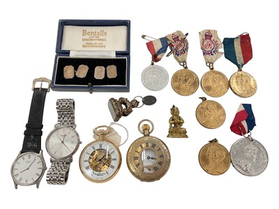 Lot 73 - Tissot stainless steel wristwatch, two pocket watches, pair of 9ct gold on silver cufflinks, gilt metal seal, various medallions etc