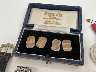 Lot 73 - Tissot stainless steel wristwatch, two pocket watches, pair of 9ct gold on silver cufflinks, gilt metal seal, various medallions etc