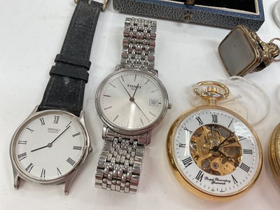 Lot 73 - Tissot stainless steel wristwatch, two pocket watches, pair of 9ct gold on silver cufflinks, gilt metal seal, various medallions etc