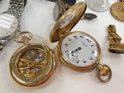 Lot 73 - Tissot stainless steel wristwatch, two pocket watches, pair of 9ct gold on silver cufflinks, gilt metal seal, various medallions etc