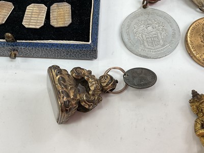 Lot 73 - Tissot stainless steel wristwatch, two pocket watches, pair of 9ct gold on silver cufflinks, gilt metal seal, various medallions etc