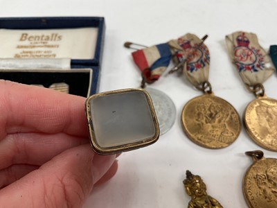 Lot 73 - Tissot stainless steel wristwatch, two pocket watches, pair of 9ct gold on silver cufflinks, gilt metal seal, various medallions etc