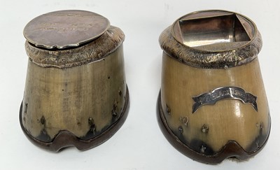 Lot 910 - Pair of Edwardian horse hooves with silver plated mounts, one an inkwell the other a vesta holder, engraved 'Black Tommy August 1909' and 'Black Tommy 1895-1909'