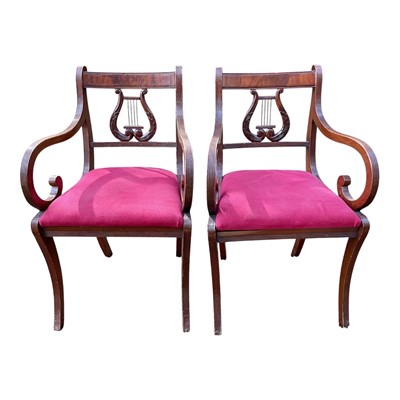 Lot 5414 - Pair of red upholstered mahogany carvers, together with a two tier side table and a Pembroke table and a two drawer table