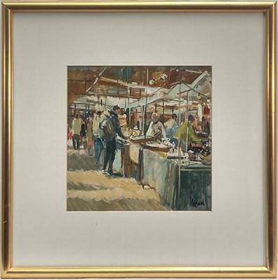 Lot 11 - Bill Dean (b 1932) oil, The Indoor Market, 22.5cm x 22.5cm, signed, with original receipt, in glazed frame.