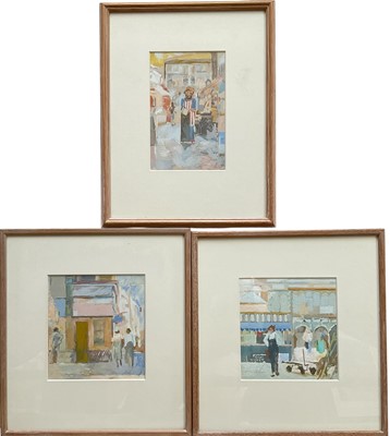 Lot 13 - Brenda Holtam, contemporary, three mixed media works on paper depicting figures and buildings, averaging 15cm x 14cm, in glazed frames