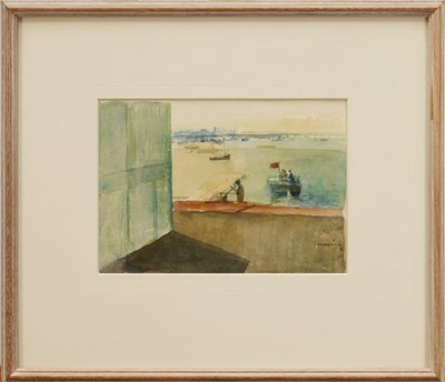 Lot 1121 - *Fred Cuming (1930-2022) watercolour- harbour scene, Devon, signed, 16cm x 22cm, glazed frame