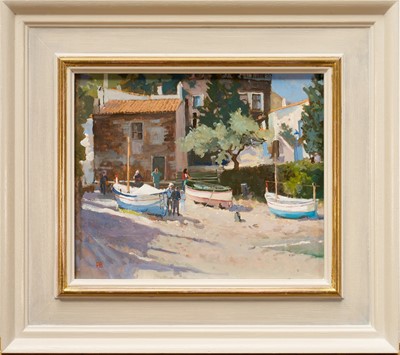 Lot 1112 - *Paul Banning (1934-2021) oil on board, Fishing Boats, Portlligat, signed with initials, 23cm x 29cm, framed