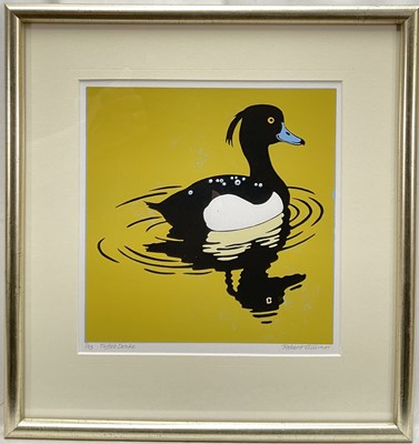 Lot 1119 - *Robert Gillmor (1936-2022) signed limited edition linocut - Tufted Drake, 7/85, 21cm x 20.5cm, glazed frame