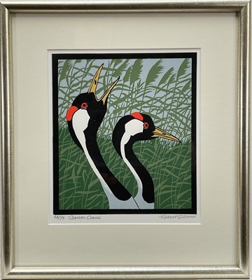 Lot 1118 - *Robert Gillmor (1936-2022) signed limited edition linocut - Clarion Crane, 66/75, 20cm x 18cm, glazed frame