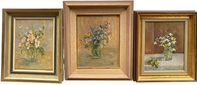 Lot 29 - Pheobe Tulloh, oil on board, three small still lives, Harebells and Campion, Snowdrops and Aconites, Wild Briar, two initialled, all framed. (3)