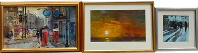 Lot 84 - Bill Dean (b 1932) two oil paintings and a print, Street Scene, 17cm x 29.5cm, signed, Sunset 13cm x 23cm and Waiting Commuters 11cm x 10.5cm, in glazed frame. (3)