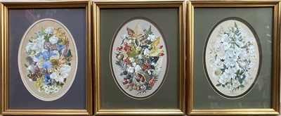 Lot 27 - Gabrielle Bordewich, three watercolours - Floral Arrangements, Autumn and Summer, 27cm x 19cm, with original Harrods receipts, in glazed frames. (3)