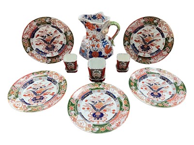 Lot 536 - Early 19th century Mason's Ironstone jug, together with three Mason's cachepots and stands, and five Mason's dinner plates