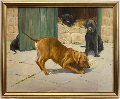 Lot 182 - Iris Collett (b. 1938) oil on board, Labrador Puppies in a Yard, signed, 39.5cm 49.5cm, framed.