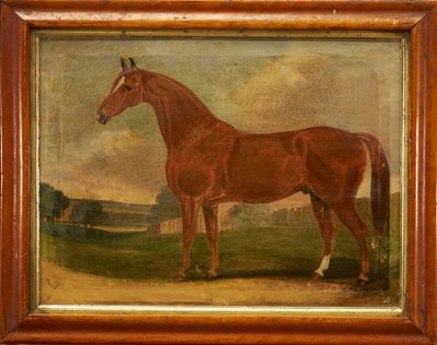 Lot 1022 - John Robert Hobart of Monks Eleigh (1788-1863) oil on canvas - Chestnut Horse in Landscape, signed and dated 1859, 31.5cm x 42.5cm, in glazed maple veneered frame