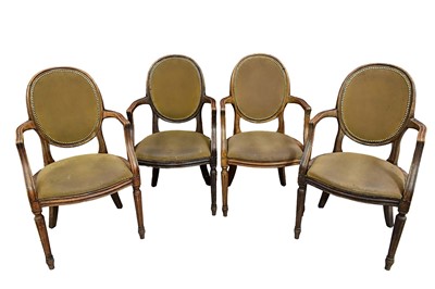 Lot 1482 - Set of six French beech framed open elbow chairs