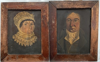 Lot 1136 - Pair 19th century oils on metal panels, probably American School, naively painted portraits of a lady and a gentleman, 30cm x 22cm, in wooden frames