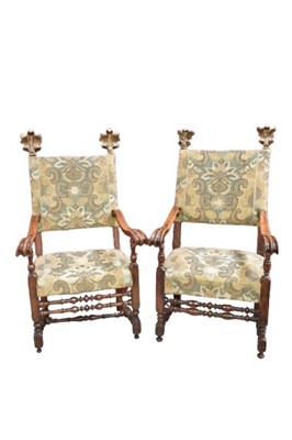 Lot 1471 - Two 18th century walnut throne chairs