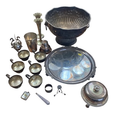 Lot 5146 - Group of silver plate, including a cocktail shaker, punch bowl and cups, etc, together with a broken silver handle