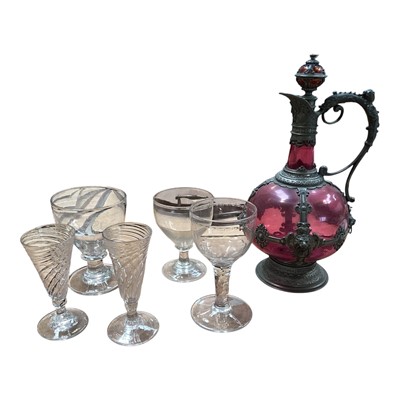 Lot 5022 - Continental revival pewter mounted red glass ewer
