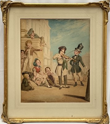 Lot 1021 - Johann George Fischer (1786-1875) watercolour - 'Native Talent and its Patronage', signed and titled, 29cm x 24cm, in glazed gilt frame